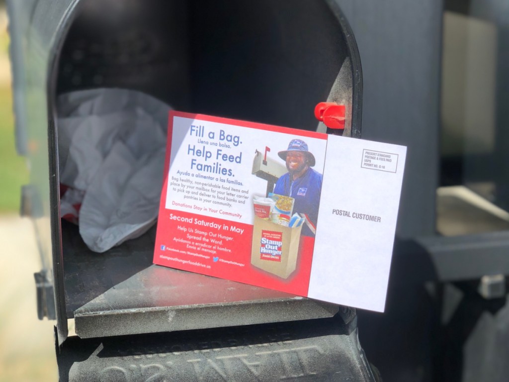 Stamp Out Hunger Food Drive postcard & bag