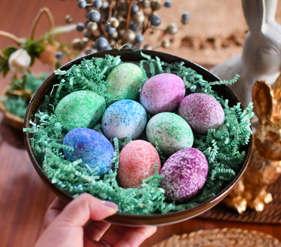 plate with easter speckled dyed eggs
