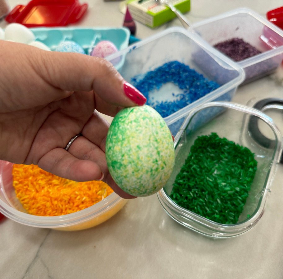 showing yellow and green speckled eggs