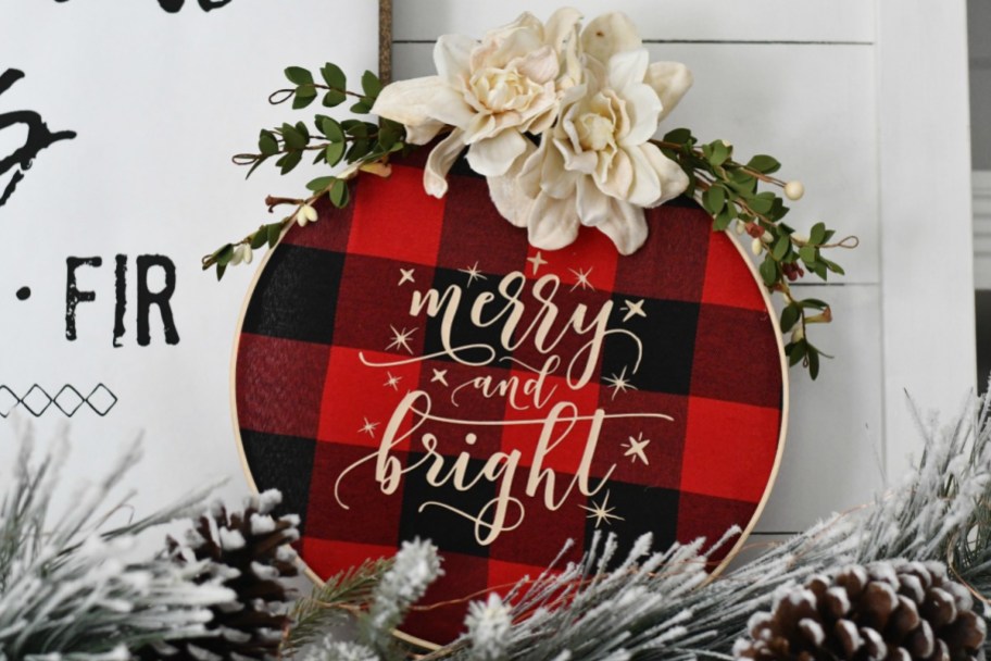 DIY Embroidery Hoop Christmas Ornaments – large hoop on the mantel
