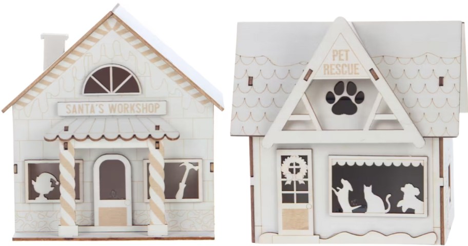 wooden craft holiday houses, a Santa's Workshop and a Pet Rescue