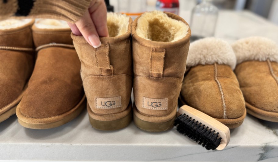 Uggs on the counter with a show brush for cleaning 