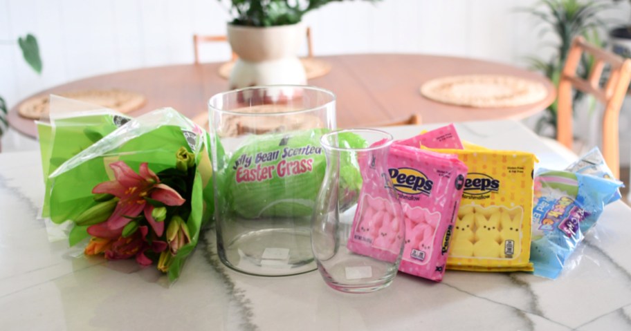 supplies on the counter used for easter peeps centerpiece