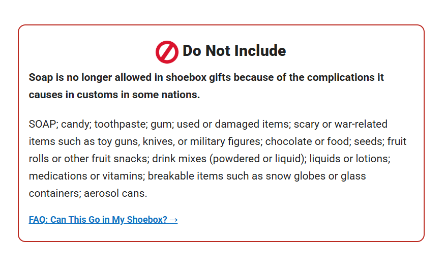 details of the do not include list from operation christmas child boxes
