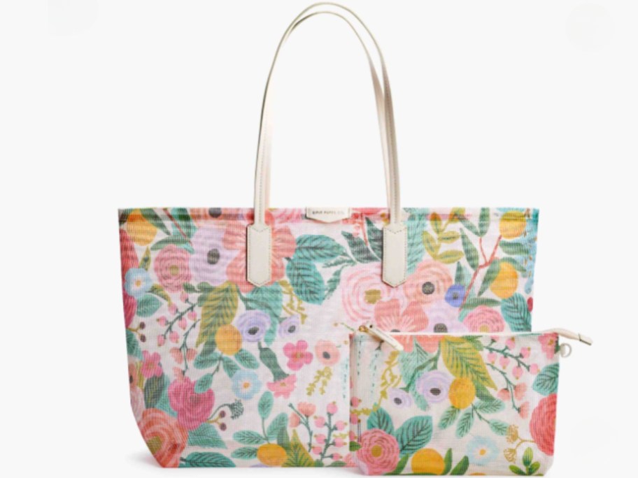 a large floral mesh tote bag with matching pouch
