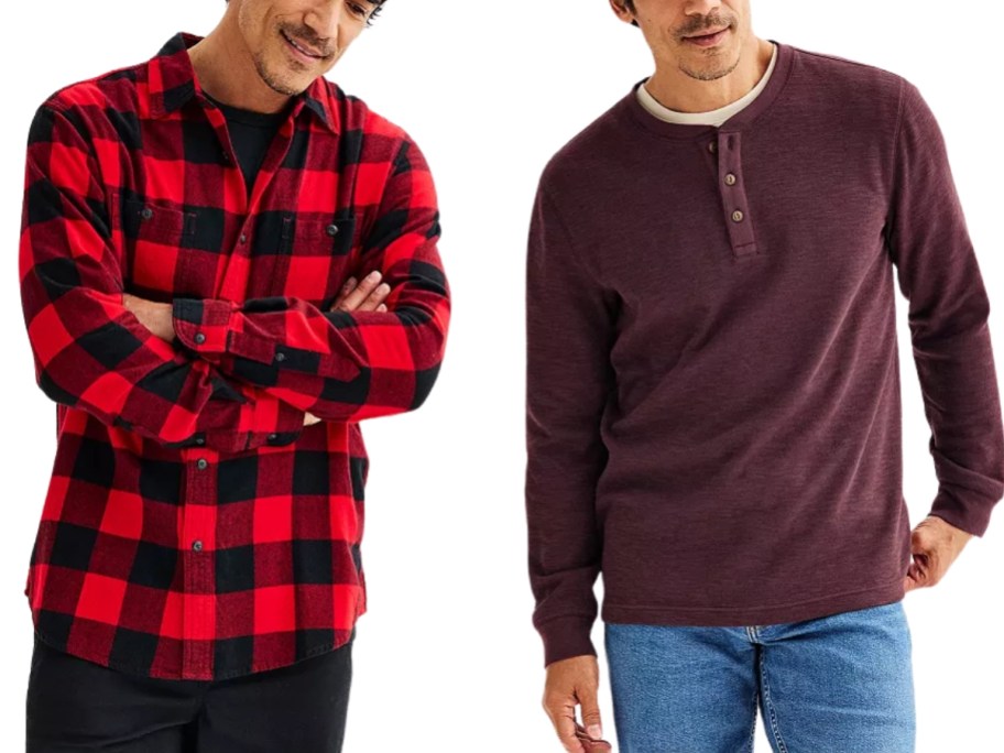 man in a flannel shirt and black pants and man in a purple henley tee and jeans
