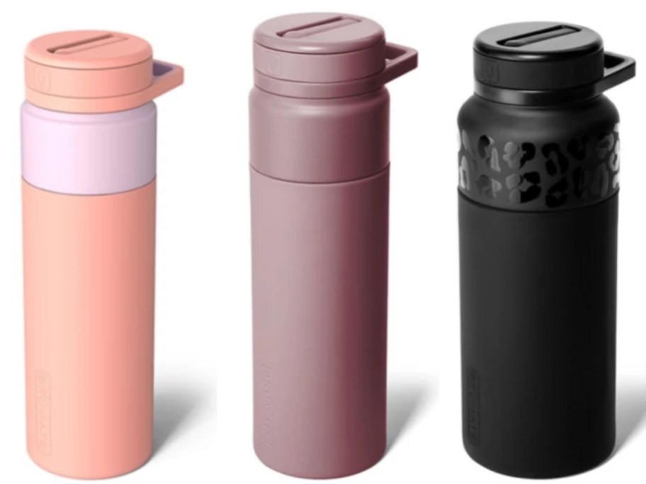 3 Brumate Water Bottles in peach, lavender, and black