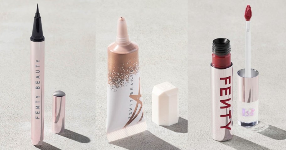 Fenty Beauty eyeliner, highlighter, and lipstick