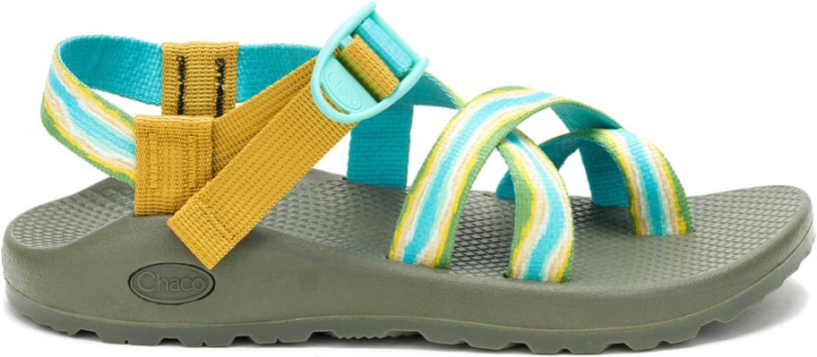 a women's Chaco sandal with colorful straps and a grey sole
