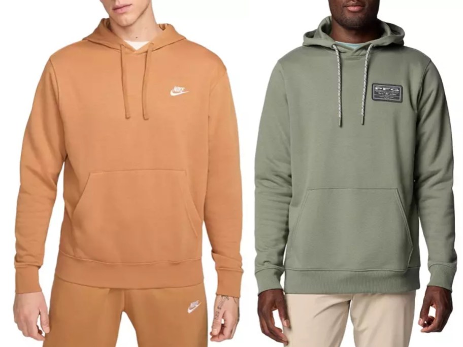 man wearing an orange Nike hoodie and man wearing a green Columbia hoodie