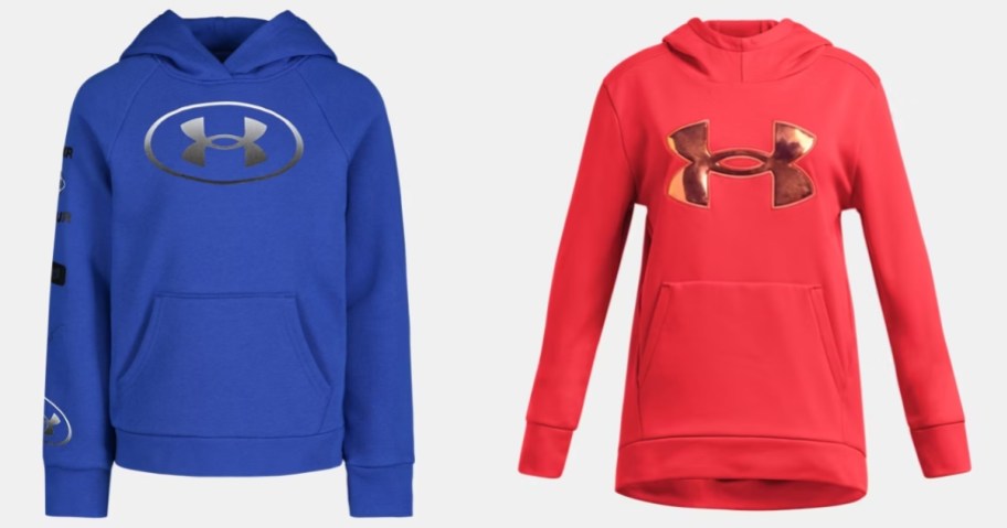 a blue and an orange Under Armour girls hoodies