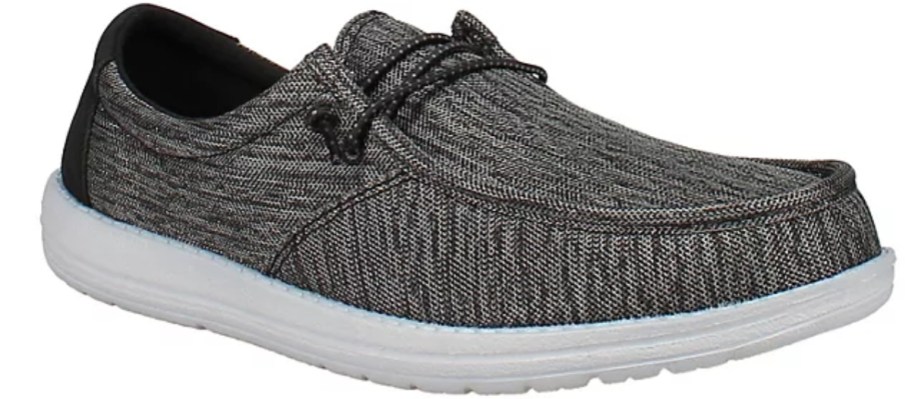 a grey and white men's slip on canvas shoe