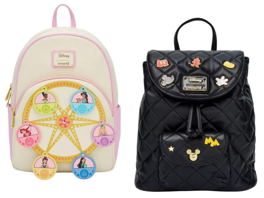 a Disney princess mini backpack and a black Disney mini backpack with icon pins