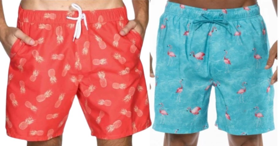 men wearing bright color swim trunks