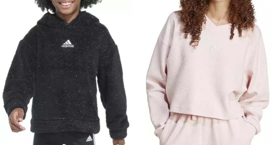 girl wearing a black adidas hoodie and woman wearing a pink adidas hoodie and shorts