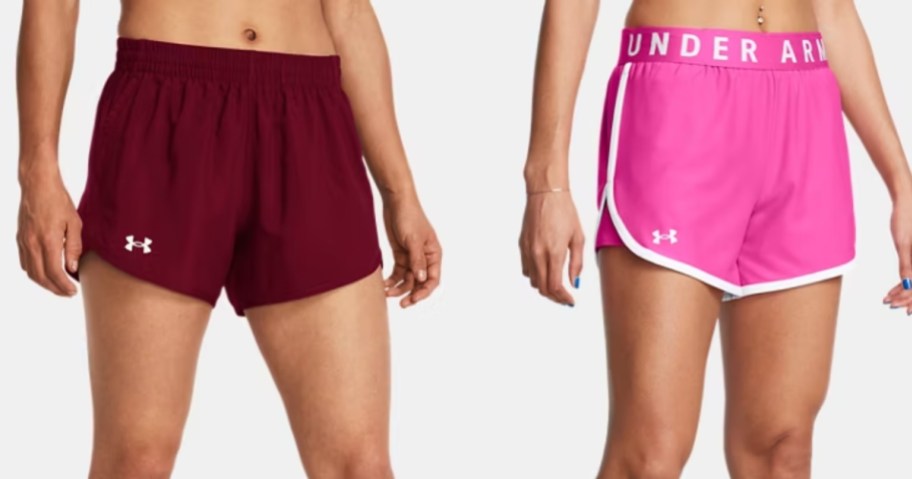 2 women wearing different colors of Under Armour shorts
