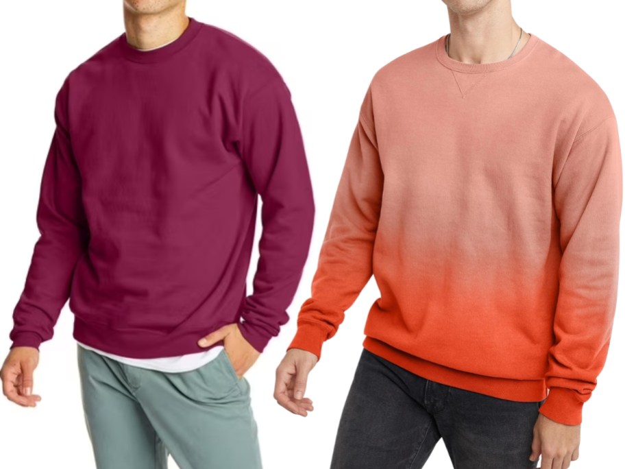 man wearing a purple sweatshirt and jeans and man wearing an orange ombre sweatshirt and jeans