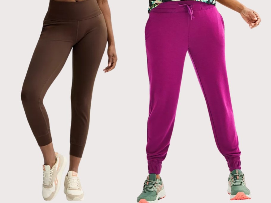 woman wearing brown jogger pants and woman wearing pink jogger pants