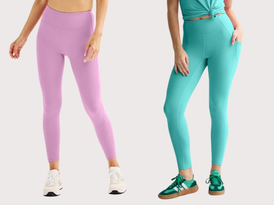 women wearing pink and green leggings