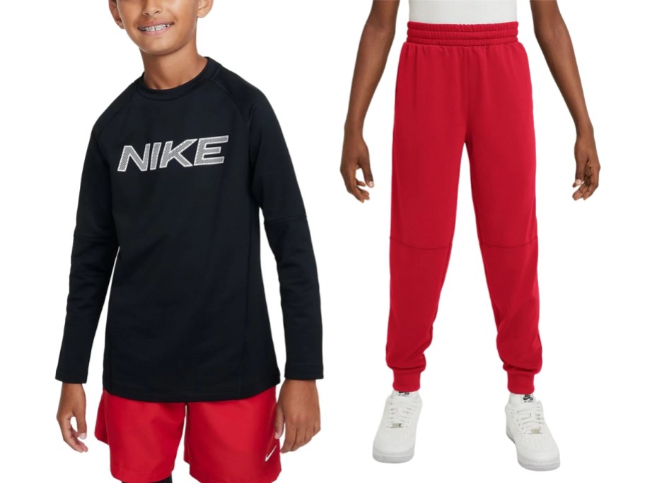 boy wearing a Nike long sleeve tee and boy wearing Nike joggers