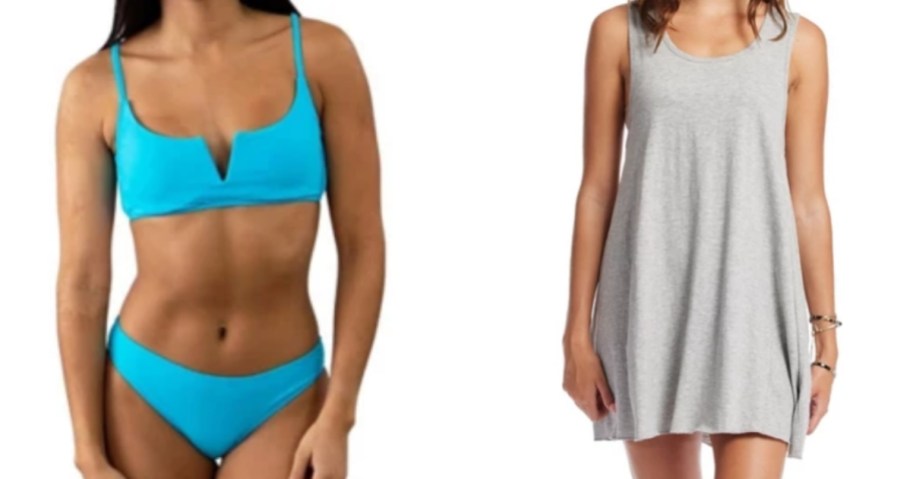 woman wearing a blue bikini and woman wearing a grey swim cover up