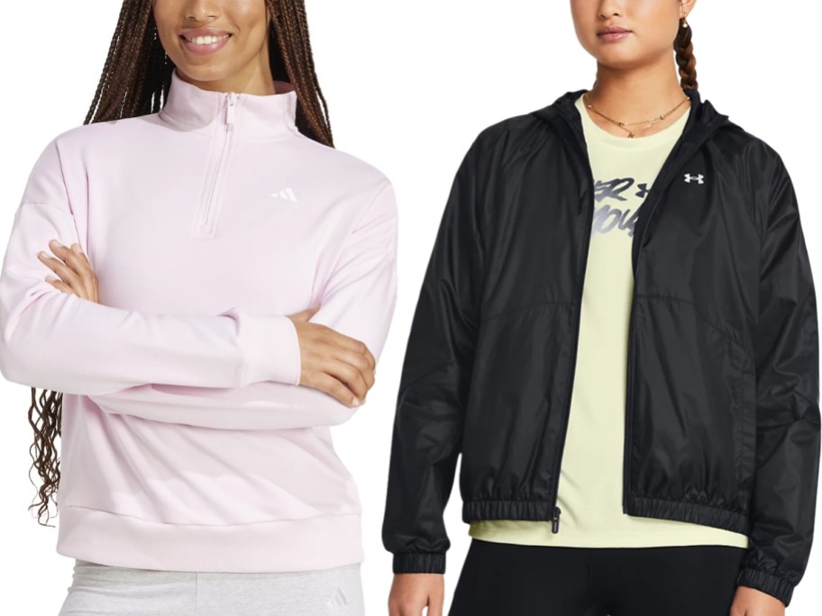 woman wearing a light pink adidas quarter zip jacket and woman wearing a black zip up Under Armour jacket