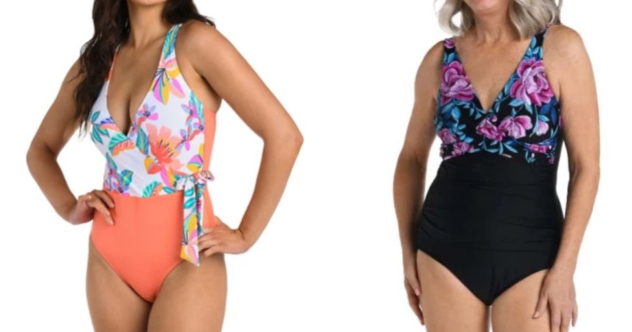 women wearing floral and solid color one piece swimsuits