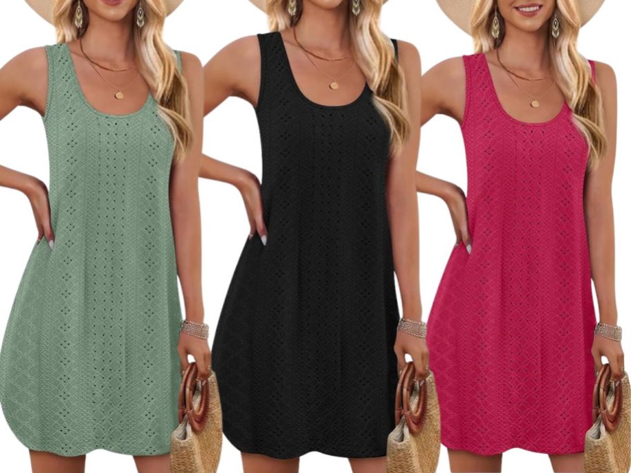 3 women wearing swim cover up dresses in green, black, and pink 