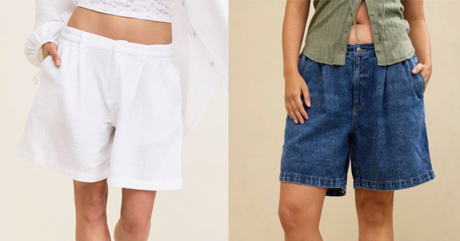 two women in white and denim shorts
