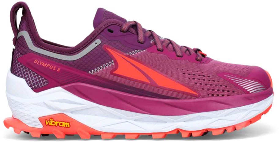 purple, magenta, and orange running shoe