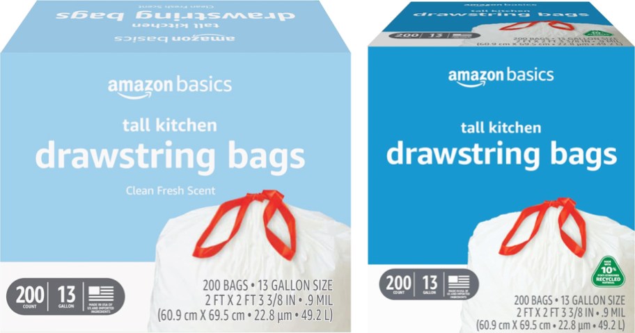 two large blue boxes of Amazon Basics 13-Gallon Trash Bag