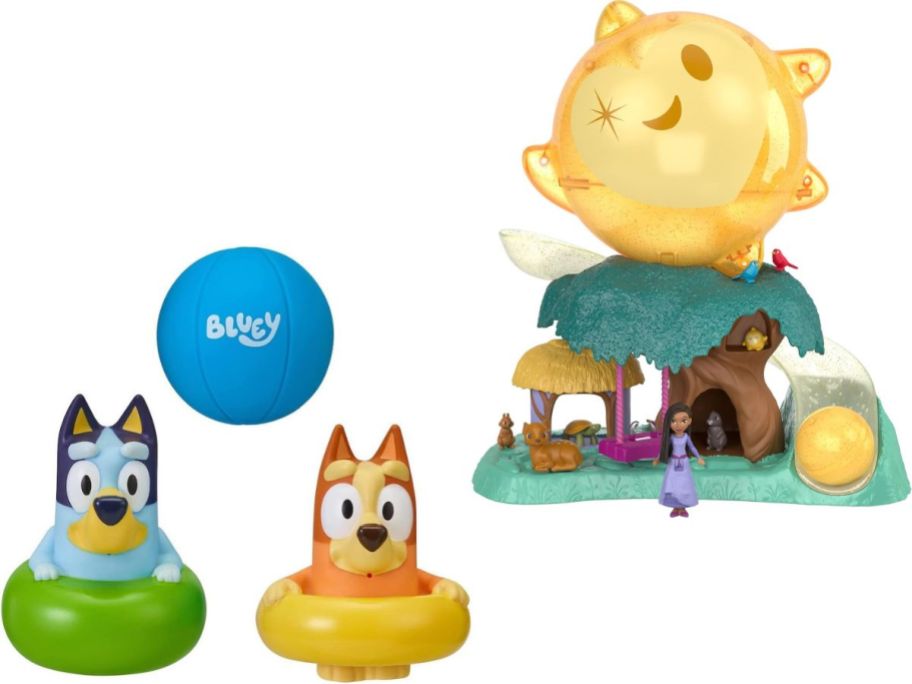 Stock images of 3 Bluey Bath Squirter and a Mattel Disney Wish Playset