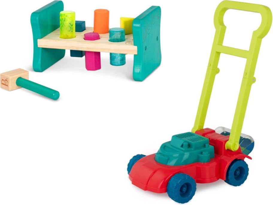 Stock images of a B. Toys Shape Sorter and Lawn Mover Toy