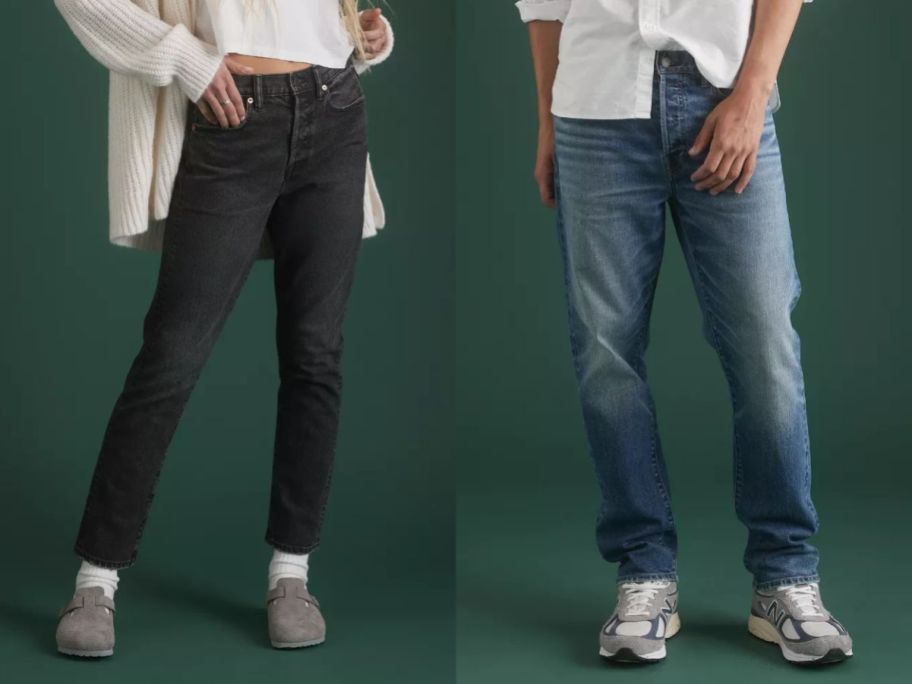 Stock images of a woman and a man wearing American Eagle jeans