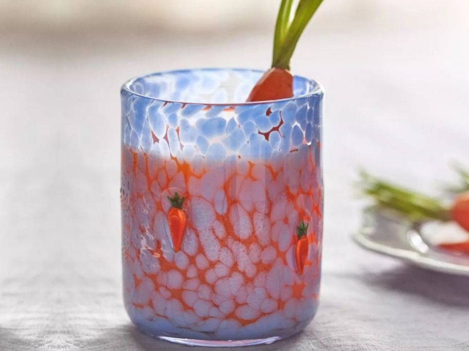 The Icon Juice Glass: Confetti Edition from Anthropologie with juice and a carrot inside