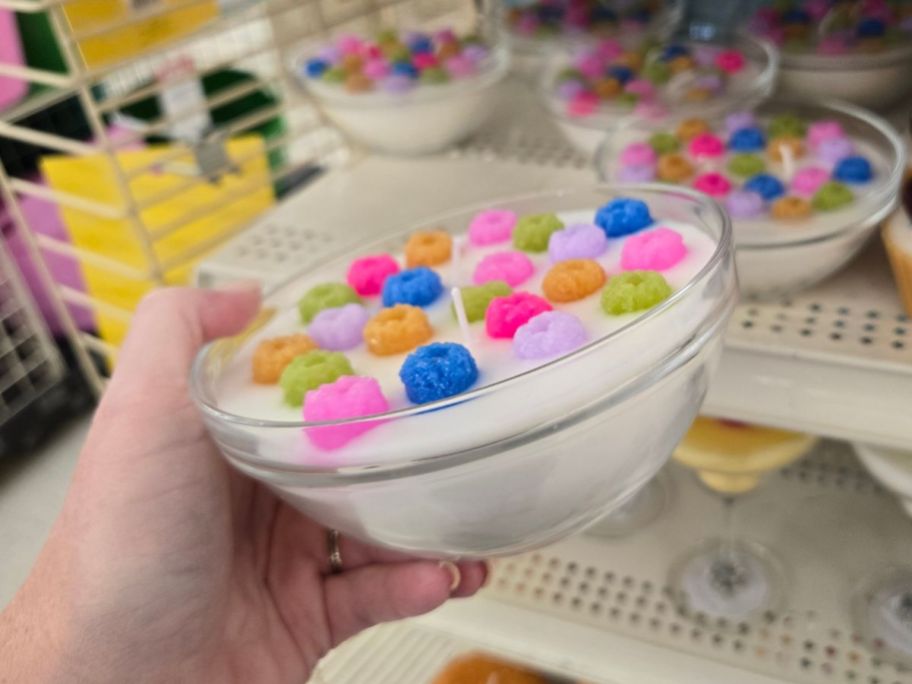 A candle that looks like a bowl full of milk with cereal