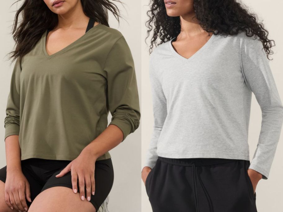 two women wearring Athleta Essential V-Neck Tops