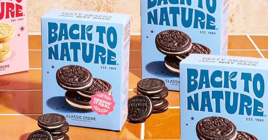 three blue boxes of Back to Nature Cookies
