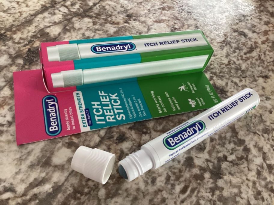 Benadryl Extra Strength Itch Relief Stick on a counter