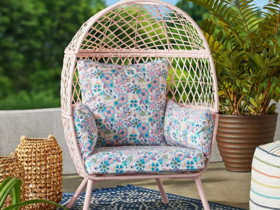 An egg chair on a patio