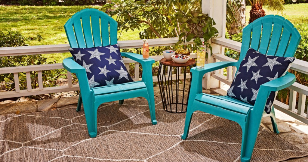 Turquoise Adirondack chairs outside on patio