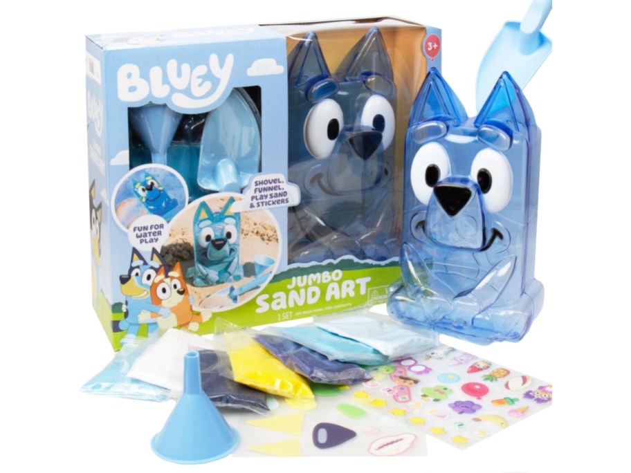 Bluey Jumbo Sand Art with items coming from it 