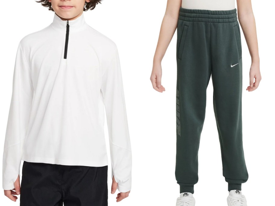 Boy wearing a white Nike Multi Dri-FIT UV Long-Sleeve 1:2-Zip Top and boy wearing green Nike Sportswear Club Fleece Logo Joggers