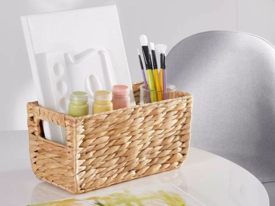 Brightroom Woven Water Hyacinth Rectangular Basket filled with art supplies