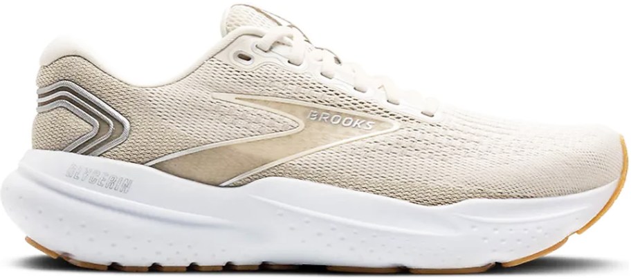 khaki and white running shoe