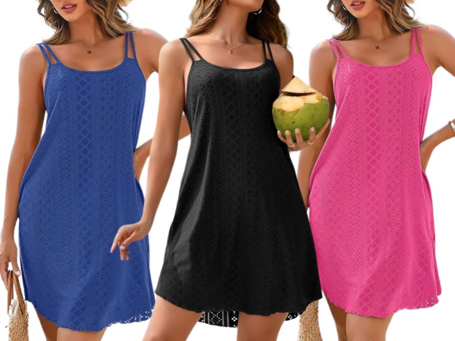 3 women wearing swim cover up dresses in blue, black, and pink 