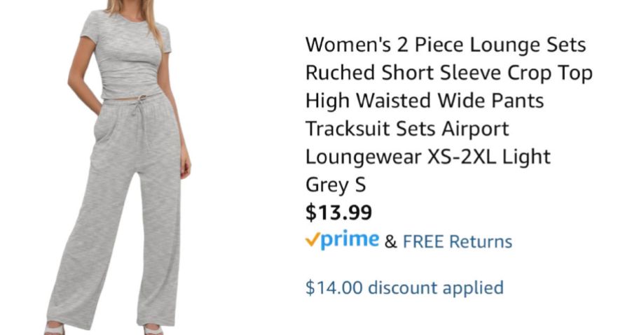 woman wearing gray lounge set next to Amazon pricing information