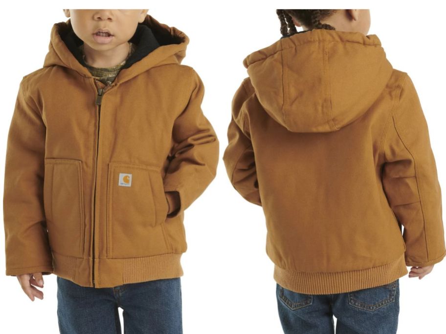 Front and back view of a toddler boy wearing a Carhartt Active Jacket