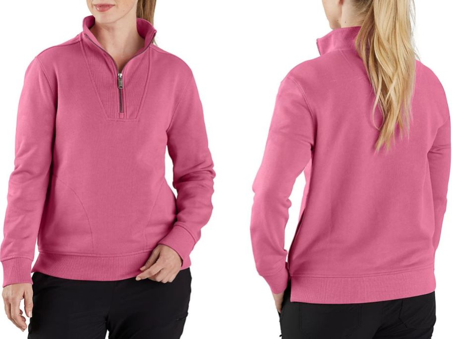 Stock image of the front and back of a woman wearing a Carhartt Women's Tencel Fiber Series Relaxed Fit 1/2 Zip in Woodrose