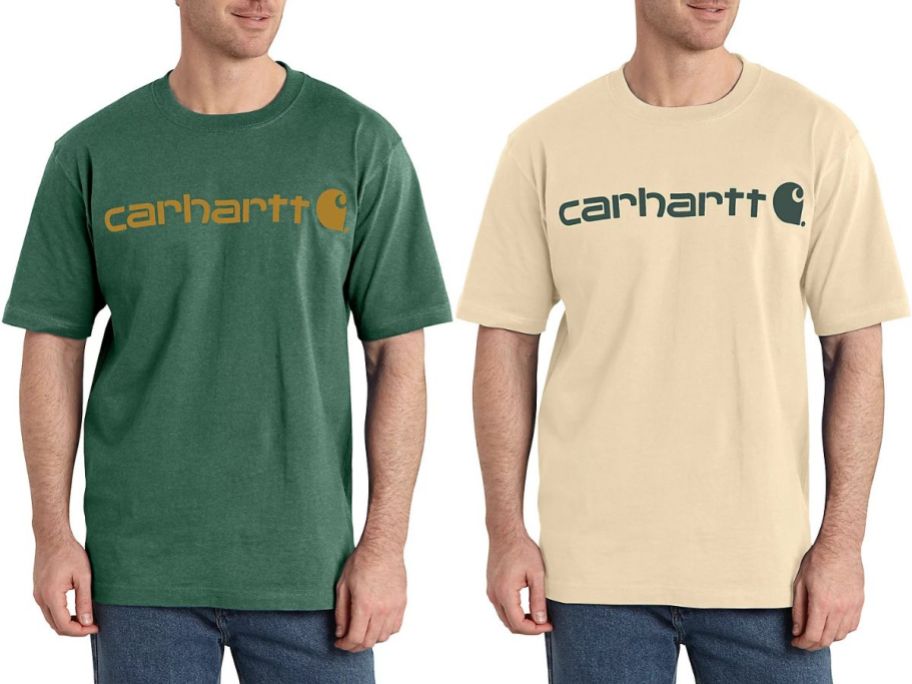 Stock images of two men wearing Carhartt Men's Short-Sleeve Logo T-shirts